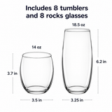 Libbey Samba 16 Pc Drinking Glass Set Rocks Tumblers Dishwasher Safe Clear
