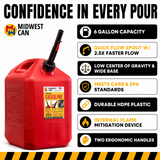4x Midwest Can 6610 6 Gallon Gas Can Auto Shut Off Quick Flow Spout EPA CARB Red