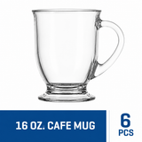 Anchor Hocking 83045A 16 oz Café Glass Coffee Mugs Clear Set of 6 Cups