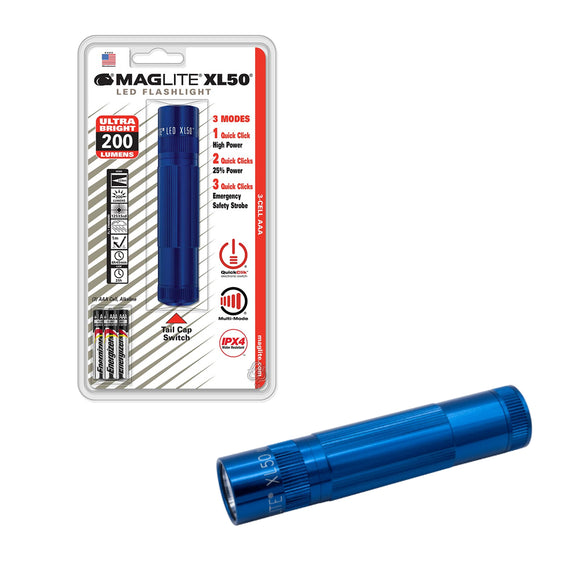 Maglite XL50 3 Cell AAA IPX4 Drop Resistant Compact LED Flashlight - Blue